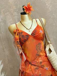 INAWLY Women's Floral Print Spaghetti Strap Mid-Length Dress - Orange - View 4
