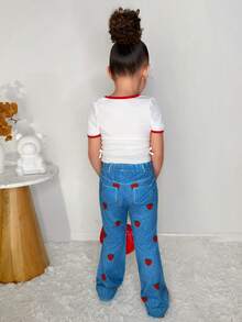 SHEIN 2pcs/Set Young Girl Casual Cute Sweet Round Neck Cherry Print Tight T-Shirt And Flared Pants Outfit - Red and White - View 2