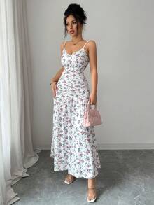 Elenzga 女士春夏新款时尚吊带碎花修身褶皱腰连衣裙 - 彩色 - 查看 6