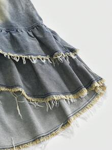 ROMWE Hippie Falda larga vintage Y2K de mezclilla desgastada y lavada con volantes de estilo de cola de sirena, talla grande - Agua verde azul - Ver 4