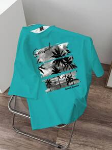 Manfinity RSRT Camiseta casual de cuello redondo de manga corta con estampado para hombre - Agua verde azul - Ver 2