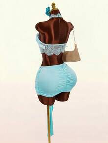 Amplova Women's Lace Halter Backless 2-Piece Set,Baby Blue Elegant Mini Skirt And Top,Cup Details Summer Bikini Set With Cover Up,Perfect For Party - Baby Blue - View 12