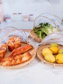 Handwoven Bamboo Picnic Basket With Lid - Fruit & Food Storage Tray, Outdoor Insect-Proof Cover For Camping, Serving - Wood Color - View 9