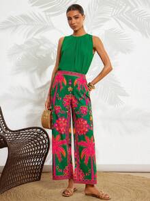Amorya Women's New Elegant Solid Color Top & Floral Print Long Pants 2-Piece Set, Suitable For Vacation, Beach And Multiple Occasions Women's Day Elegant Gift For Mom Festival Outfit Beach Date Night Green Top Beach Vacation Outfits For Women Summer Outfit For Women Women Vacation Boho Sexy Women Clothes Tropical Two Pieces Set Two Pieces Set Women Vacation Tropical Vacation Woman Clothes Summer 2 Pieces Sets Woman Summer Pant Set Women's Two Pieces Sets Floral Print Pants Wide Leg Pants Tropical Print Pallazo Pants Women Set Floral Pants For Women Flower Pants Summer Pants Sets For Women Boho Pants Tropical Outfit Tropical Outfits For Women Women Vacation Outfit Sets Tropical Formal Dress Women's Resort Wear Vacation Dinner Outfits For Women Hawaiian Outfit For Women Party Hawaiian Terno Outfit For Women Wide Leg Pants Woman High Waist Women's Summer Outfits Women 2 Pieces Outfit Casual Women Spring Outfit Women's Summer Outfits - Multicolor - View 9