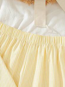 ChillGRL Tween Girls' Summer Fashion Versatile Off Shoulder Round Neck Shirt And Pants Set, Bow Accent Open Cardigan Design, Striped Woven Soft Fabric, Sweet Girl's Choice For Party And Commuting - Yellow - View 7