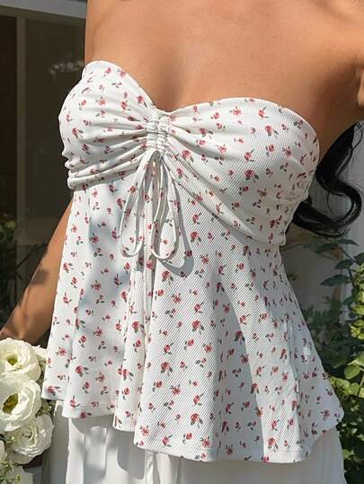 SHEIN EZwear Top de tirantes con cordón y estampado floral diminuto en blanco para mujer