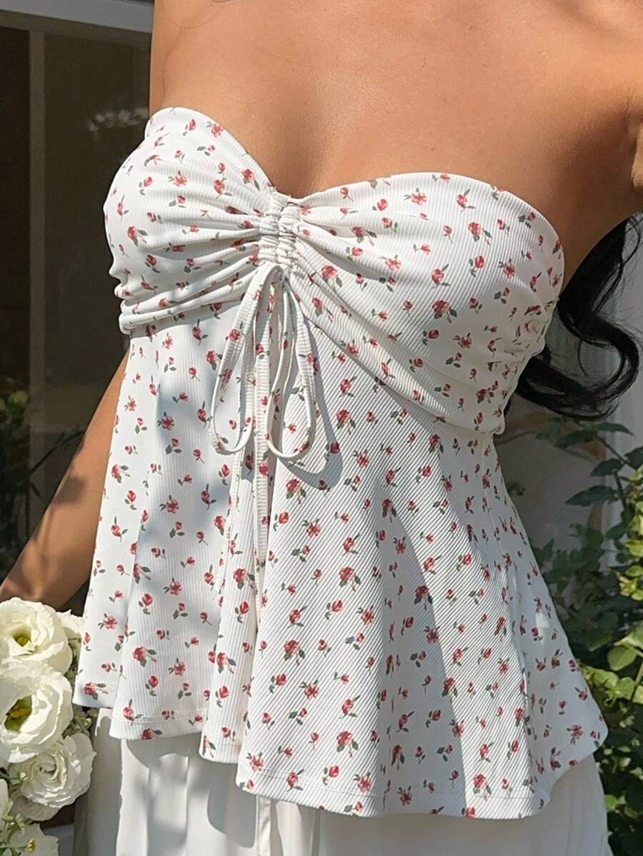 SHEIN EZwear 女士白色碎花抽绳吊带背心 - 白色 - 查看 1