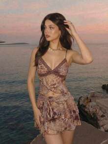 SHEIN MOD 女士豹纹蕾丝吊带背心和荷叶边迷你裙两件套，约会时尚套装 - 彩色 - 查看 1