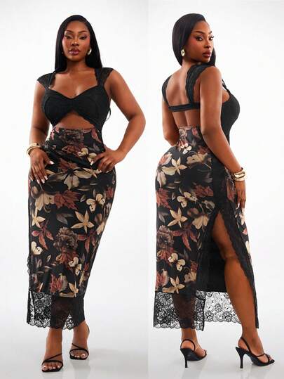 Radiana Plus Size Women's Spring/Summer Fashion Casual Sexy Romantic Lace Patchwork Backless Floral Print Maxi Dress, Suitable For Everyday Wear, Music Festival, Versatile, Coachella, BOHO, Bohemian, Outing, Resort, Beach Vacation, Holiday, Seaside, Western Wear, Concert, Carnival Party, Richly Layered, Date Night, Ibiza, Nashville, Break, Modest, Chic, Club, Cute, Casual, Shopping, Streetwear, Going Out, Easy To Match & Looks Slim, Accent Your Body, Flatter The Figure