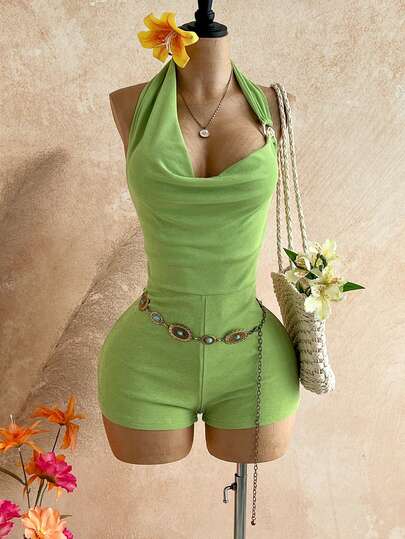 Soleia New Draped Neck Metal Decor Brown Mini Jumpsuit, Suitable For Vacation, Halloween, New Year, Music Festival, Party, Back To School Season