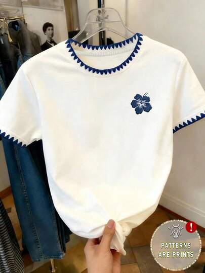 Teen Girl Floral Print Round Neck Short Sleeve Casual Versatile T-Shirt