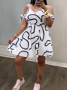 Slaydiva 春夏新款音乐节、复活节、圣帕特里克节、西部风、游牧风、生日派对、毕业典礼、学院风、学生装、日常休闲、百搭基础款、休闲、邮轮旅行、海滩、日光浴、爆款、街头风、婚礼宾客波西米亚风、通勤、早午餐、机场、派对及假日女式无袖夏季新款时尚修身印花条纹A字收腰短款加大码连衣裙 - 黑白 - 黑與白 - 查看 9