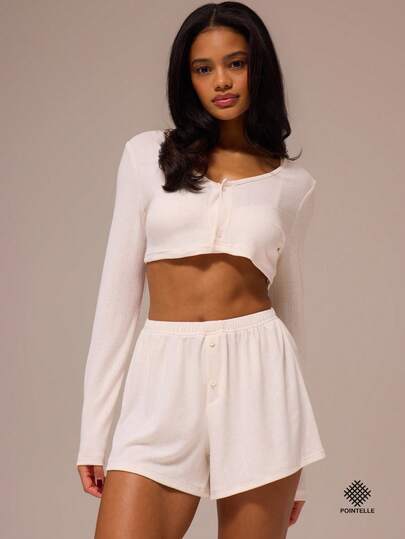 MUSERA ESSENTIALS Scoop Neck Longsleeve Cropped Button Through Pointelle Cardigan Coord Top Only Spring Winter Cosy Cute Daily Girly Lounge Essential