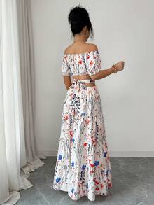 Elenzga 新款优雅印花露肩泡泡袖镂空腰身长款连衣裙，适合日常穿着、婚礼、晚宴、通勤、毕业典礼、节日、度假、约会、派对、万圣节、圣诞节、新年、感恩节等场合。 - 杏色 - 查看 2