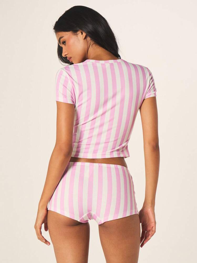 MISSGUIDED Striped Watermelon Crop Tee And Hotpant Set