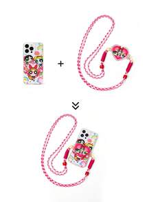 THE POWERPUFF GIRLS X SHEIN 可爱透明手机壳，适用于 11-17 Pro Max，带手机壳挂钩，多功能可拆卸防丢肩带斜挎手机链，配件肩带手机壳徒步带手机绳 - 淺粉色 - 查看 2
