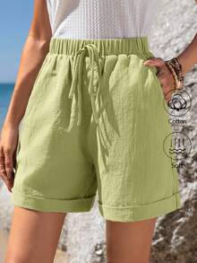 Sylviya 松紧腰带卷边斜插口袋休闲短裤夏季绿色纯棉女式短裤 - 綠色 - 查看 4