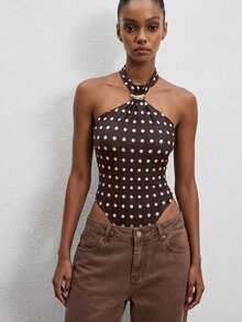 ATUI Studio Women's Polka Dot Halter Neck Ruched Bodysuit, Fashionable & Versatile - Brown - View 3