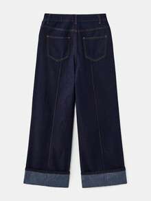 lacRébo 高腰深色阔腿牛仔裤，前部有褶皱，裤脚可卷起，优雅的春夏牛仔裤，法式巴黎风情 - 深色水洗藍 - 查看 8