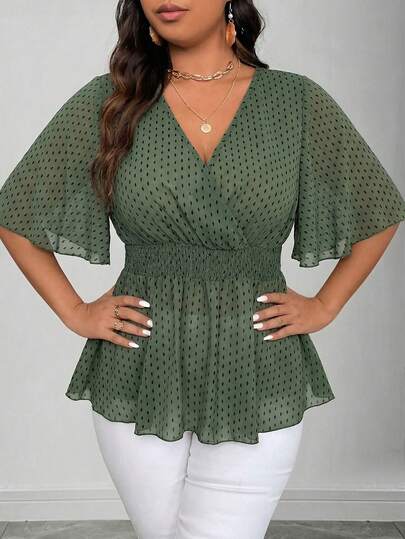 Elenzga Plus Size Shirred Ruffle Sleeve Short Sleeve Flared Waist Chiffon Printed Blouse