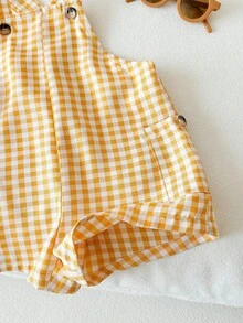 SHEIN LMoss Kids Newborn Baby Boy/Girl Plaid Pattern Cute Casual Romper, Summer - Yellow - View 5