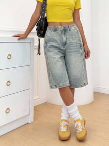 SHEIN Quần short Bermuda denim dáng thường ngày, phong cách đường phố, preppy, màu xanh nhạt, họa tiết chữ thập Gothic, dành cho bé gái tuổi teen, cạp chun, cài nút. - Màu xanh lam - Xem 5