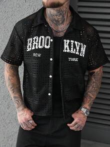 SLATEMANN 男士舒适镂空花卉面料时尚短袖衬衫，正面印花图案，适合休闲、办公、日常约会、驾车、购物等场合，可单穿或搭配休闲服饰，自穿或送礼皆宜。男士网眼衬衫，男士钩针衬衫，男士镂空衬衫，男士印花网眼衬衫 - 黑色 - 查看 7