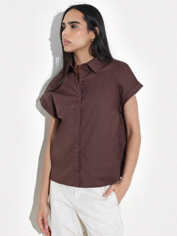KSTM Women's Chocolate Brown Short Sleeve Button Down Collared Blouse Relaxed Fit Office Casual Spring Summer Top