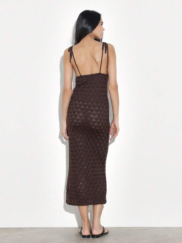 KSTM Women V Neck Tie Strap Midi Knit Dress With Textured Pattern And Ruched Detail Long Sleeve Bodycon Fall Winter Style