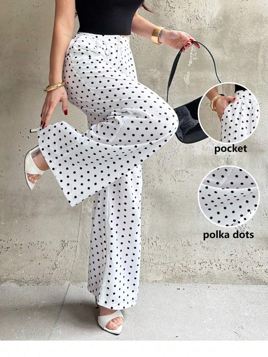 Firerie Women's Elegant Minimalist Daily Casual Commute Home Pants, White & Black Polka Dot Mid-Waist Loose Wide Leg Trousers, Casual Vacation, Teacher Black And White Pants Palazzo Pants Women Wide Leg Summer Pants - Black and White - View 1
