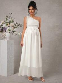 SHEIN Vestido de Maternidade Branco Elegante de Verão em Chiffon Sedoso para Convidada de Casamento com Ombro Assimétrico e Decoração de Penas, Roupa de Férias de Cor Sólida para Mulheres, Vestidos para Senhoras - Branco - Visão 5