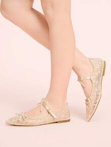 CUCCOO DOLLMOD 女士杏色网纱花朵刺绣时尚双蝴蝶结可爱优雅玛丽珍平底鞋 - 杏色 - 查看 5