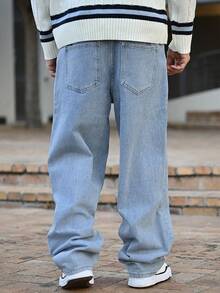 Devon Thys 寬鬆版型男士棉質牛仔褲，斜口口袋喇叭口長褲冲浪滑板褲貨運褲平口淺藍色休閒日出遊Y2K風格喜劇之友 - 淺色水洗藍 - 查看 2