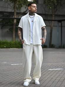 Devon Thys 2 件男士休闲 V 领短袖梭织衬衫和裤子亚麻套装，夏季、复古、舒适服装 - 杏色 - 查看 1