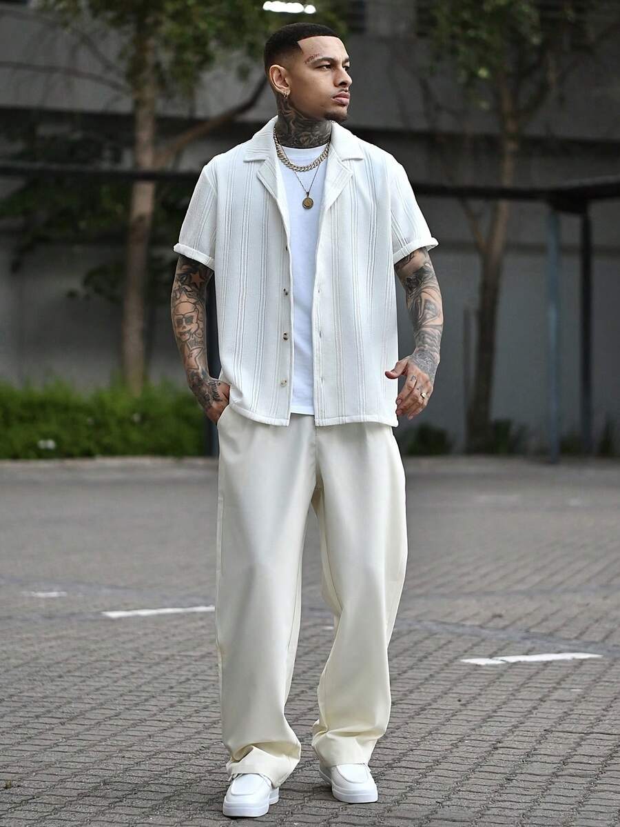 Devon Thys 2 件男士休闲 V 领短袖梭织衬衫和裤子亚麻套装，夏季、复古、舒适服装 - 杏色 - 查看 1