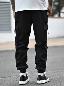 Devon Thys 男士宽松抽绳纯黑色外出工装裤，秋季 - 黑色 - 查看 2