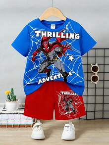 Bộ quần áo bé trai tay ngắn thoải mái, năng động với họa tiết nhện hoạt hình, thời trang đa năng, thích hợp cho mùa xuân/hè, kiểu dáng mới mùa hè, trang phục bé trai, phù hợp cho chụp ảnh, mặc hàng ngày, đi chơi, ở nhà, kỳ nghỉ, làm quà tặng. - Nhiều màu - Xem 2