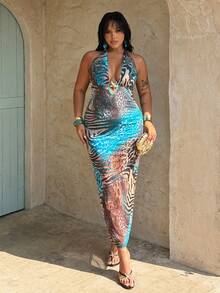 Rustia Plus Size Elegant Deep V Starfish Metal Decor Leopard Rose Mesh Long Dress, Suitable For Spring/Summer Vacation - Multicolor - View 4