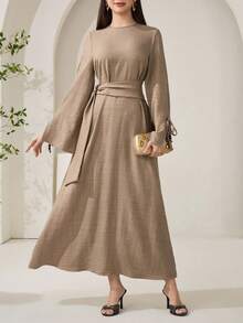 Veilorie 女士休闲纯色收腰长裙 - 棕色 - 查看 4