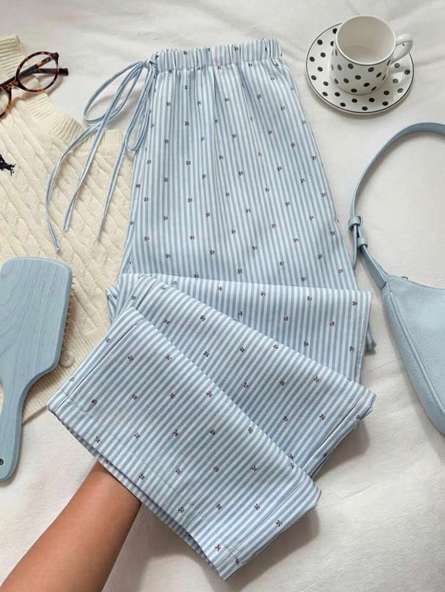 SHEIN Unity Women's Low-Waist Striped Cherry Print Casual Wide-Leg Pants, Collegiate Style, Cute And Sweet, Suitable For Vacation Summer Pants Linen For Women Striped Pants Blue Pants Drawstring Pants - Blue - View 1