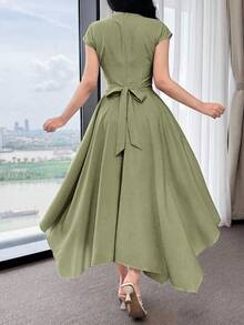 Feyla Women's Green Short Sleeve Rhinestone Decorated Long Dress - Green - View 4