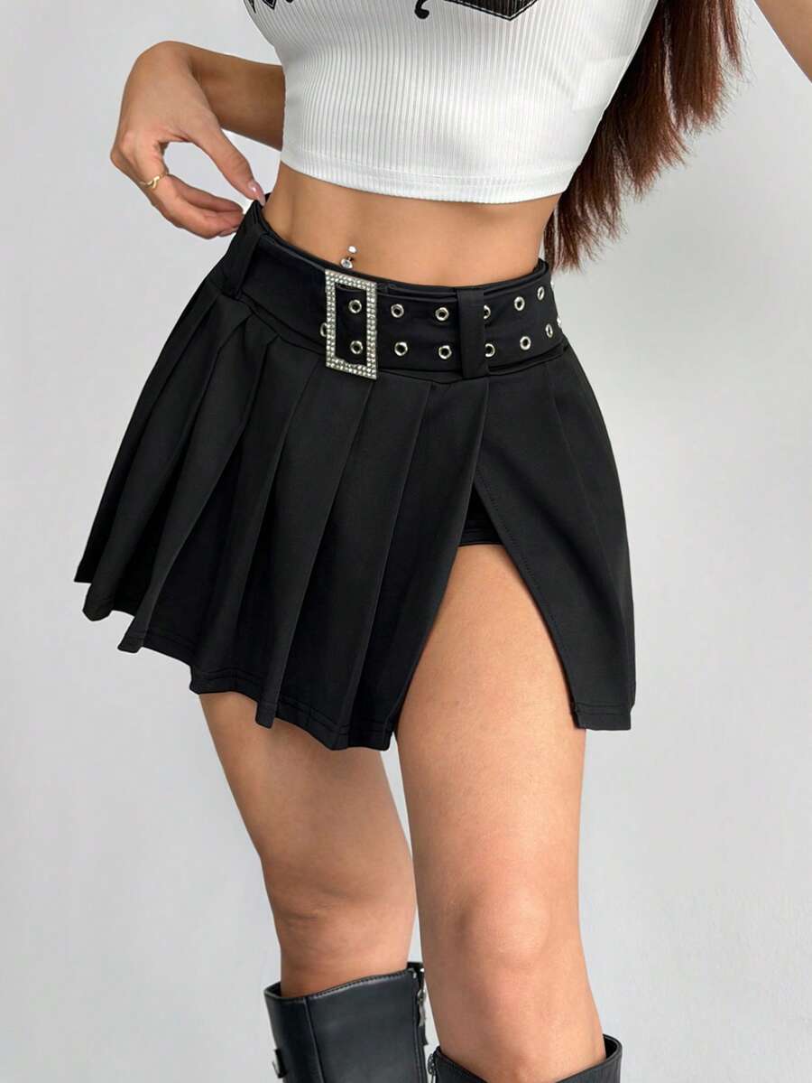 valorelle valorelle Women's Solid Color Pleated Slit Fashionable Sexy Skirt - Brown - View 1