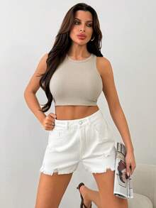 SHEIN High Waist White Color Distressed Casual Style Mini Denim Short Woman's 100 Cotton Beach White Summer - White - View 3