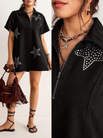 Freevana Plus Size Sommar Casual Street Nited Quarter Button Kortärmad Denimklänning