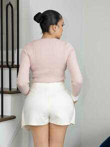 Melissa Matos Women's Elegant Asymmetric White Shorts For Daily Wear - Rose-Shaped Metal Button Decor & Split Hem - Beige - View 2