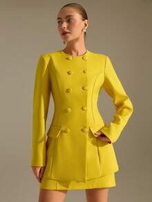 CLARA VERO Women's Round Neck Long Sleeve Waist Cinched Front Button Blazer & Skirt Suit Set - Yellow - View 8