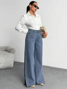 Side Pearl Jean High Rise Wide Leg Side Slit Denim - Light Wash - View 5
