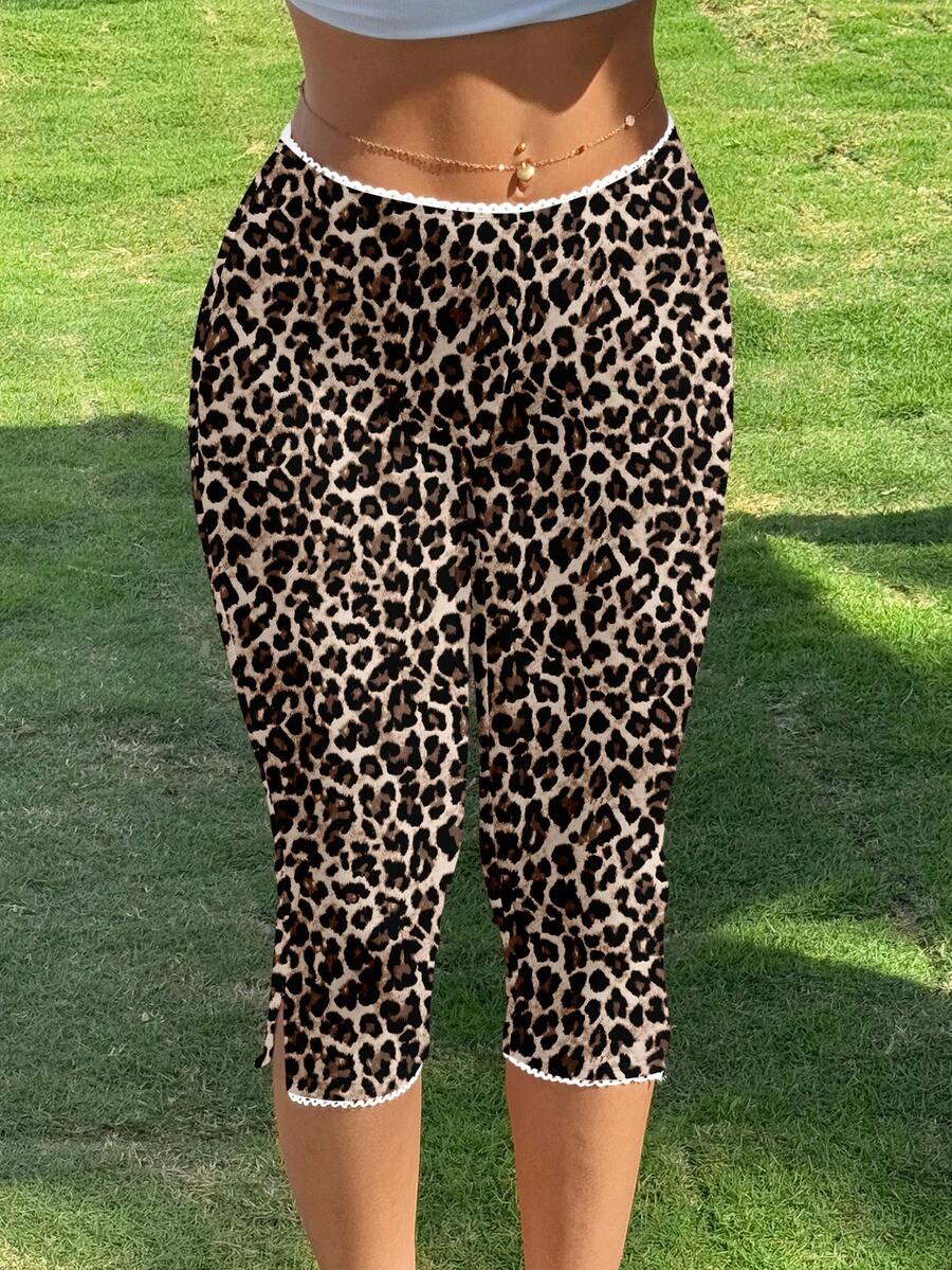 CovetEZ 女士经典豹纹针织弹力七分裤打底裤 - 百搭运动时尚夏季海滩度假装，适合春假、热带海岛婚礼、周年纪念、伴娘派对、约会之夜、婚礼宾客、新娘送礼会、波西米亚音乐节及优雅夏季穿着 - 彩色 - 查看 1