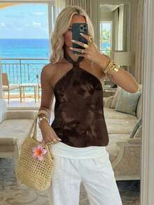 SHEIN EZwear 休闲简约度假波西米亚风优雅浪漫复古棕色扎染水彩印花上衣，适合音乐节、海滩装扮、度假穿着、夏季女装 - 彩色 - 查看 8