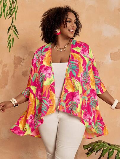 EMERY ROSE Plus Size Women Tropical Plant Pattern Loose Open Front Jacket